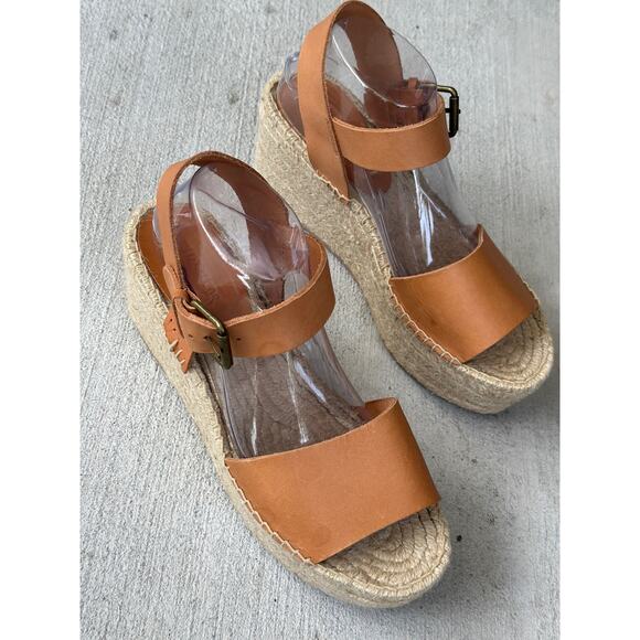 Soludos Minorca Women's 9 Brown Leather Espadrille Platform Sandals Peep Toe - Picture 2 of 11